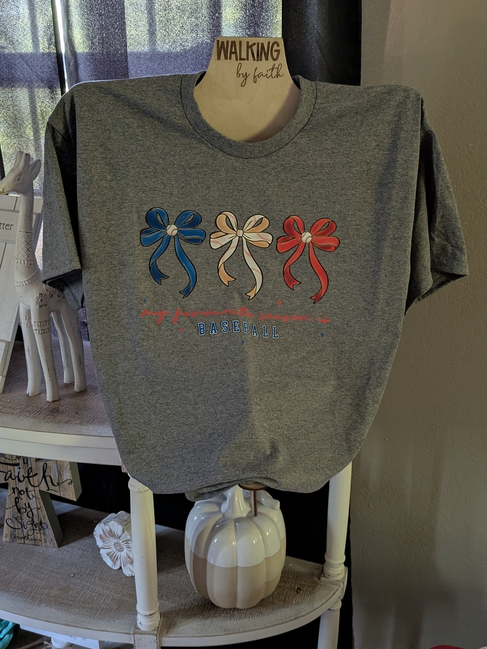 Gildan Gray Tee with Blue, Cream & Red Bows